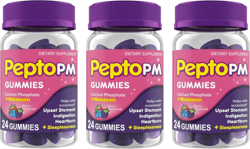 Pepto PM Gummies met Melatonine voor slaapondersteuning, snelle en effectieve spijsvertering van brandend maagzuur, indigestie, verstoorde maag en slapeloosheid - Berry Flavor, 24 Ct (Pack of 3)