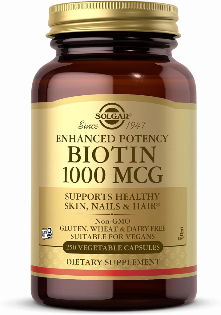 Solgar Biotin 1000 mcg - 250 plantaardige capsules - Ondersteunt gezonde huid, nagels en haren - niet-GMO, veganistisch, glutenvrij, zuivelvrij, Kosjer - 250 porties