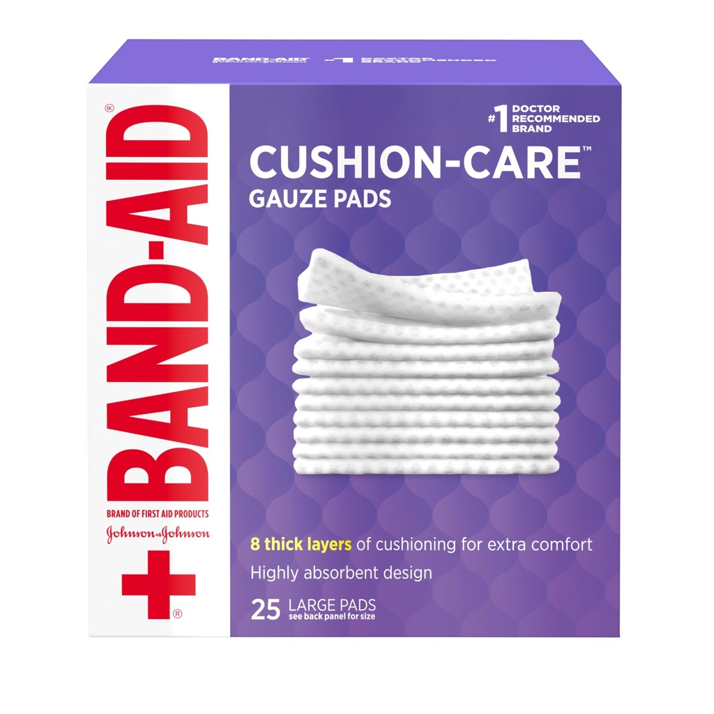 Band-Aid merk Absorberende Kussen Care Steriel Vierkante Gauze Pads voor EHBO-bescherming van kleine sneden, Scrapes & Burns, Niet-Adhesive, Wound Care Dressing Pads, Groot, 4 in x 4 in, 25 ct
