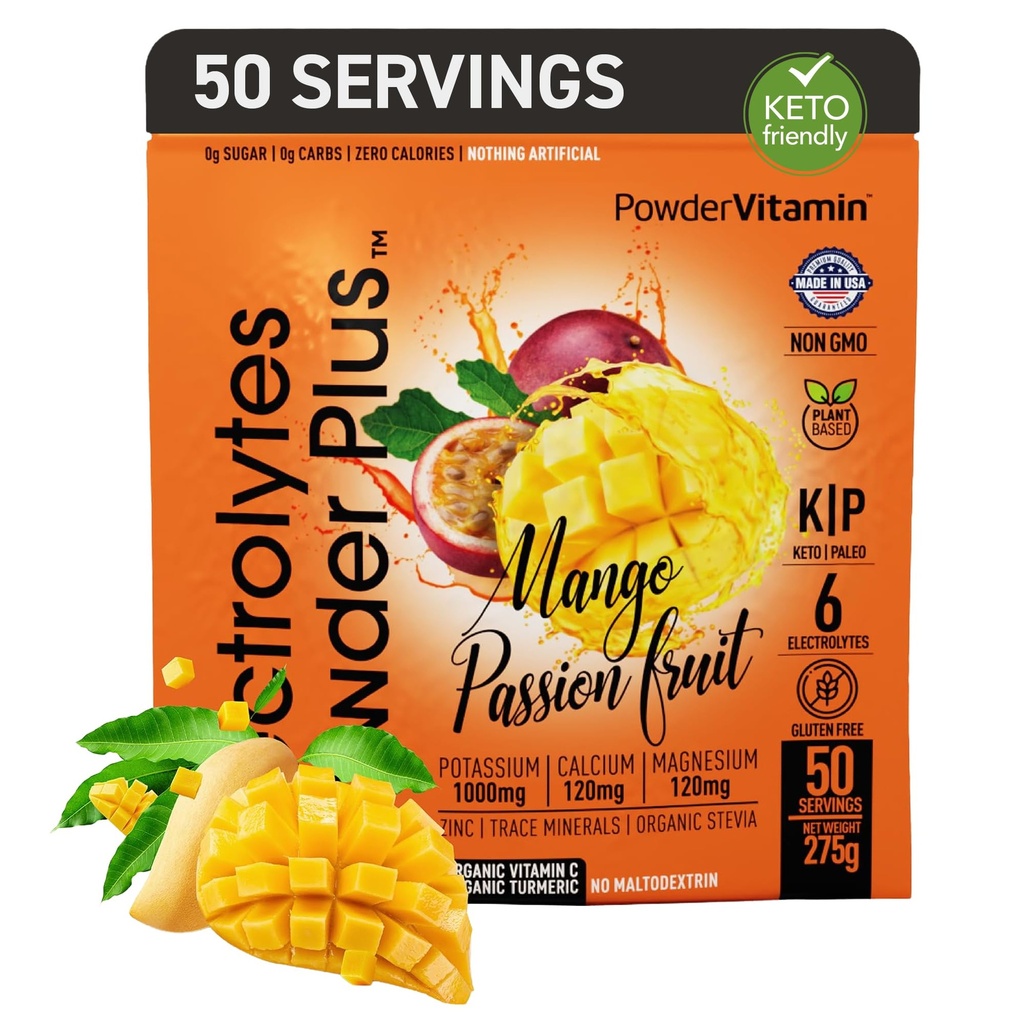 PoederVitamine Electrolytes Powder Plus (50 Servings) Mango Passionfruit Electrolyte Powder Zero Calorie Keto, 0 Sugar, No Maltodextrine,1000mg Kalium,120mg Calcium,120mg Magnesium, Hydratatiepoeder