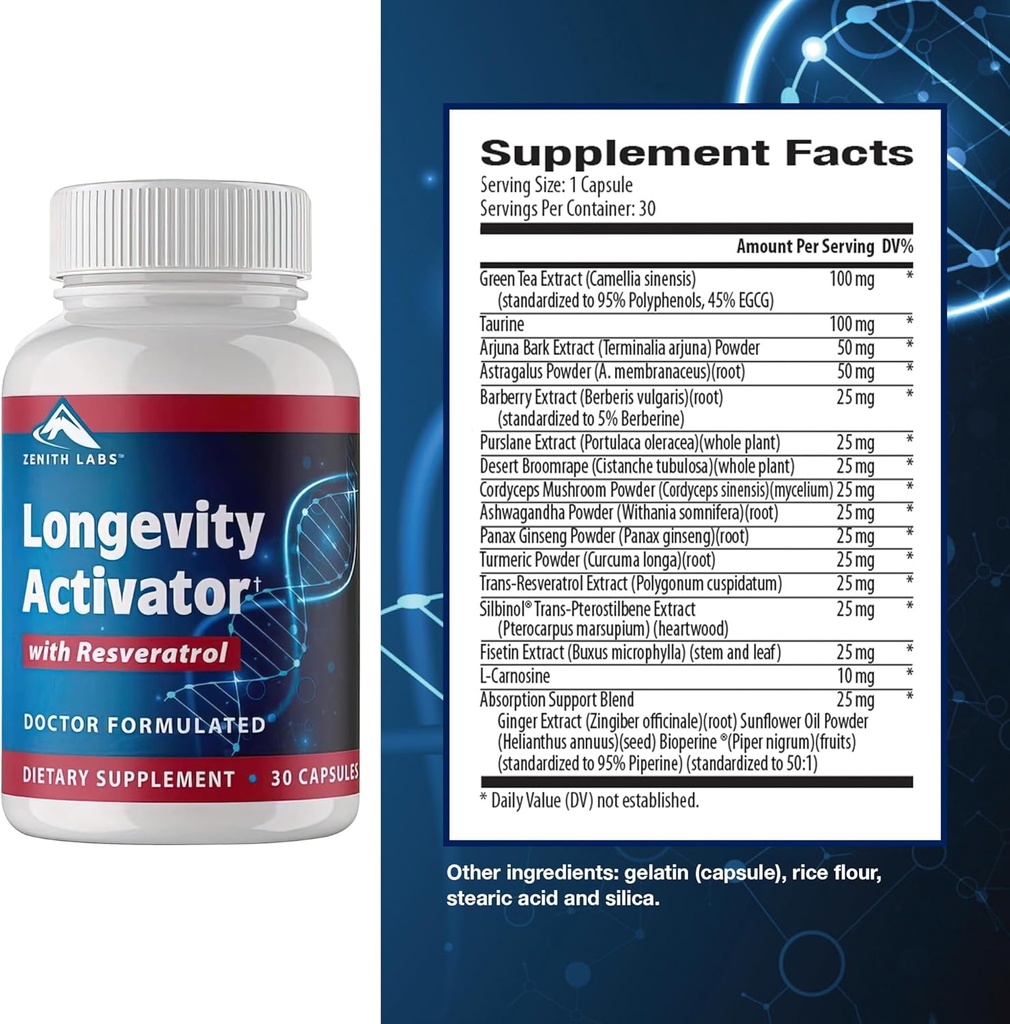 Zenith Labs Longevity Activator Anti-Aging Supplement Dieetsupplement, Natuurlijke Antioxidanten met Resveratrol - Ondersteunt Immuunfunctie en gezond geheugen, 3 Pack