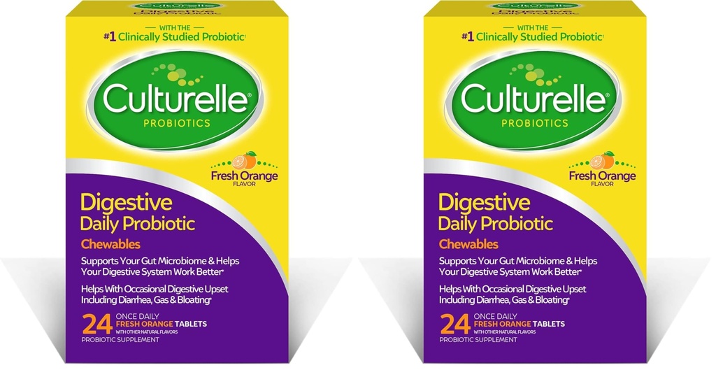 Culturelle Digestieve Gezondheid Dagelijkse Probiotische Kauwtabletten, Probiotica voor mannen en vrouwen, Meest klinisch bestudeerd Probiotische stam, 10 miljard CFUs, Ondersteunt Occasional diarree, Gas & Bloating, 24 Tellen