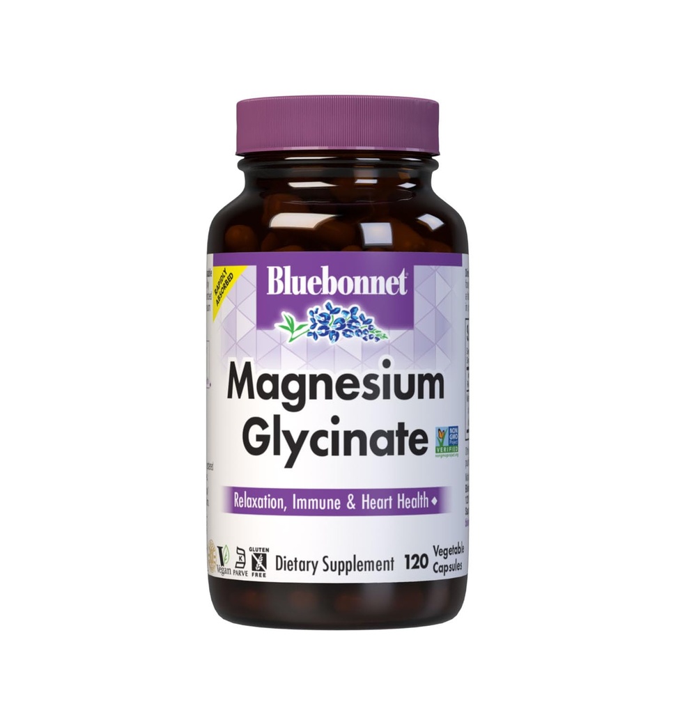 Bluebonnet Voeding Magnesium Glycinate 400mg Maximale absorptie Mineral Complex Ondersteunt energieproductie en enzymfunctie - Non-GMO, sojavrije, glutenvrije - 120 Veggie Capsules