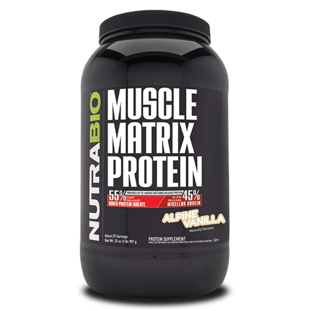 NutraBio Muscle Matrix Proteïne Poeder - 25 g Proteïneper scoop - Wei Isolaat en Micellar Casein Combo voor snelle en langzame release - Vanille - 2 pond, 28 porties