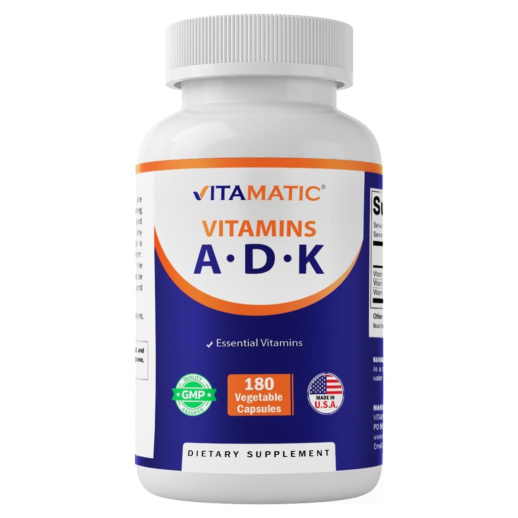 Vitamatic ADK Vitamine Supplement, 180 Veg Capsules, Hoge Potentie Vitaminen A, D3, K2 voor Bot Gezondheid, Calcium Absorptie, Non-GMO, Glutenvrij