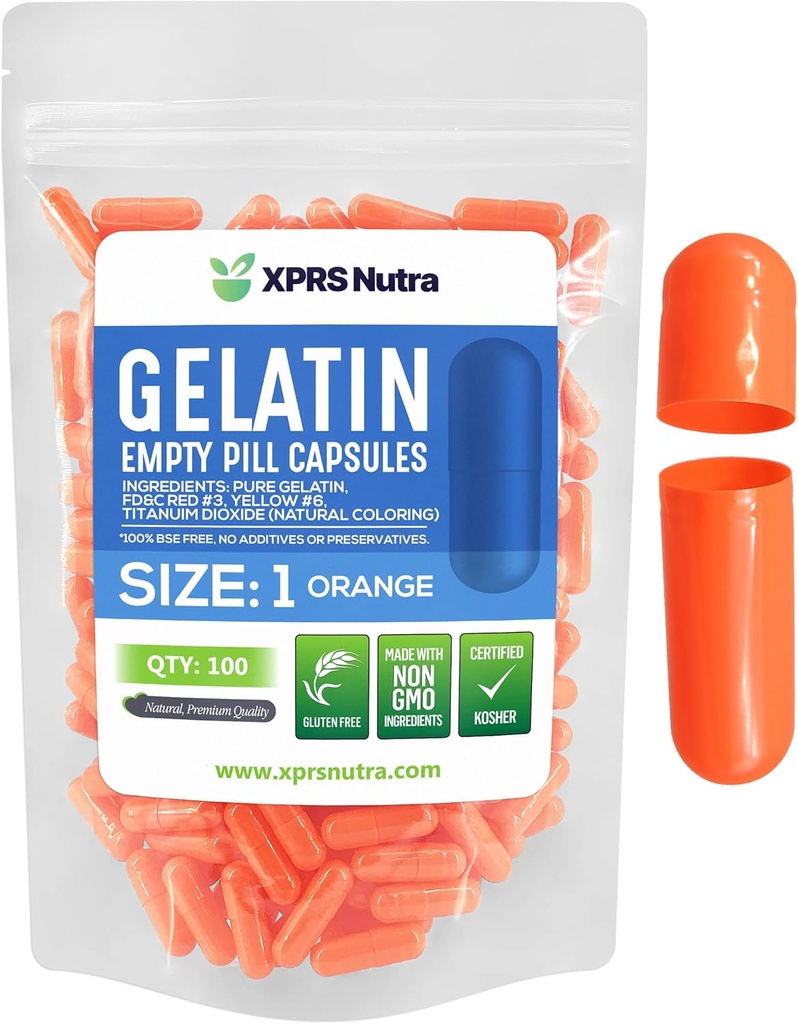 XPRS Nutra Maat 1 Lege capsules - 100 Telle Lege Gelatine Capsules - Pill DIY Capsule Filling - Pure Bovine Pill Gel Caps for Do-It-Yourself Supplements (Orange)