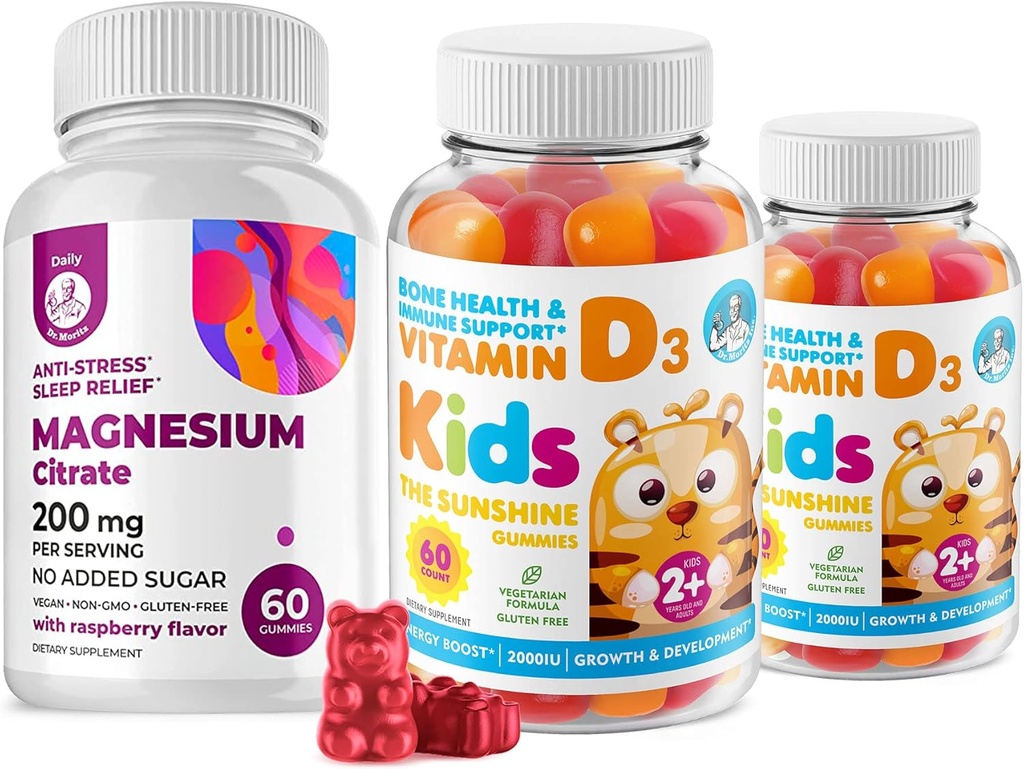 Vitamine D Gummies for Kids&Adults 2000 IU and Magnesium Gummies - Gezonde Vitamine D3 Supplementen 1000IU - Vegetarische Gelatine-vrije Immune Ondersteuning met Sugar-Free Magnesium Kalm Kauwen voor kinderen&Adults