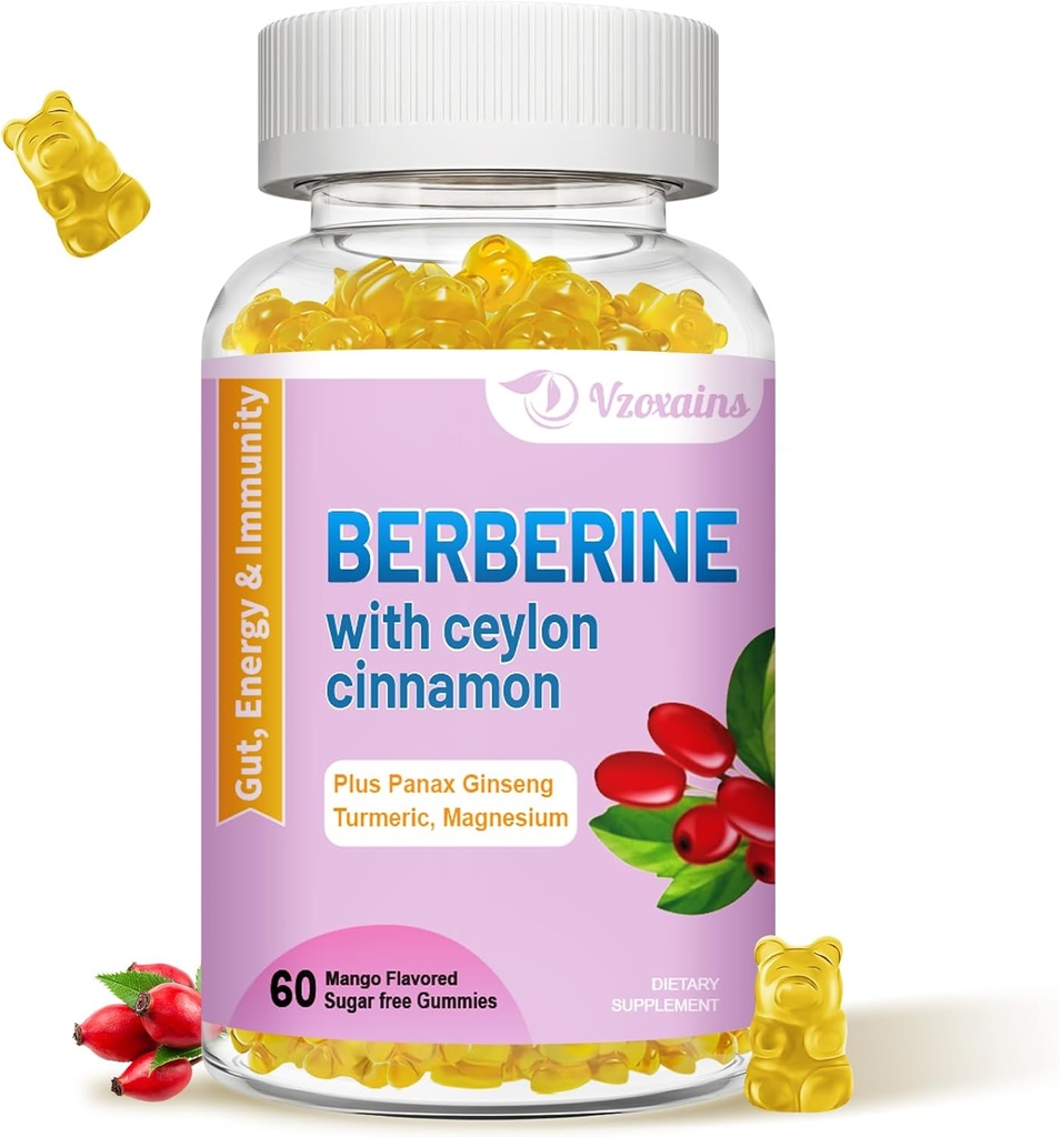 Berberine met Ceylon Cinnamon Gummies, High Potency Berberine HCI Supplement, Immune Health Support, 60 Mango Flavored Gummies