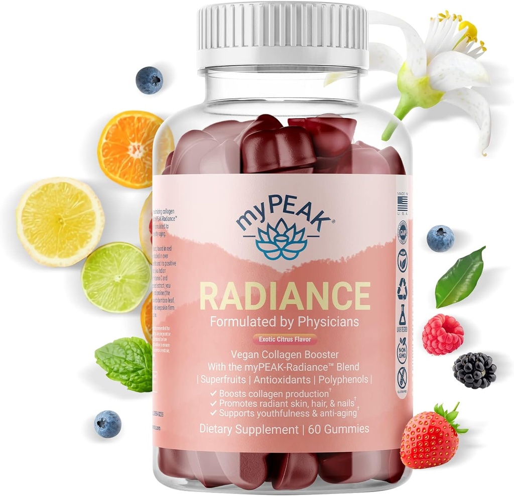 myPEAK Radiance Vegan Collagen Booster and Superfruit Gummies, Collageen Supplements with Superfruits and Skin-Enhancing Nutrients, Hair Skin and Nails Vitamines for Beauty, 60 Gummies