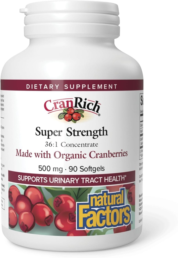 Natuurlijke factoren CranRich, Super Strength Cranberry Concentrate, Antioxidant Supplement voor Urinaire Tract Ondersteuning, Non-GMO, 90 softgels (90 Servings)