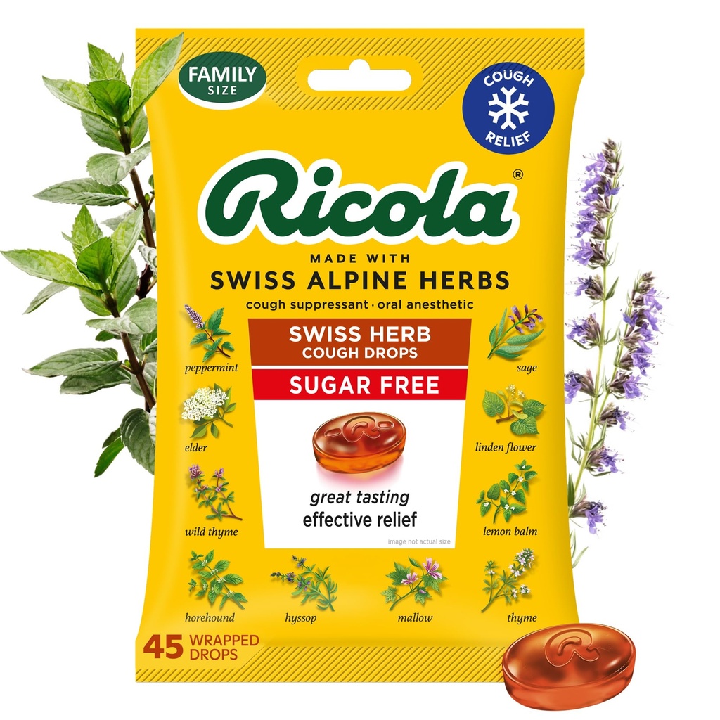 Ricola Swiss Herb Sugar Free Cough Drops with Menthol - Cough and Sore Throat Relief - 45 Count - Herbal Throat Lozenges