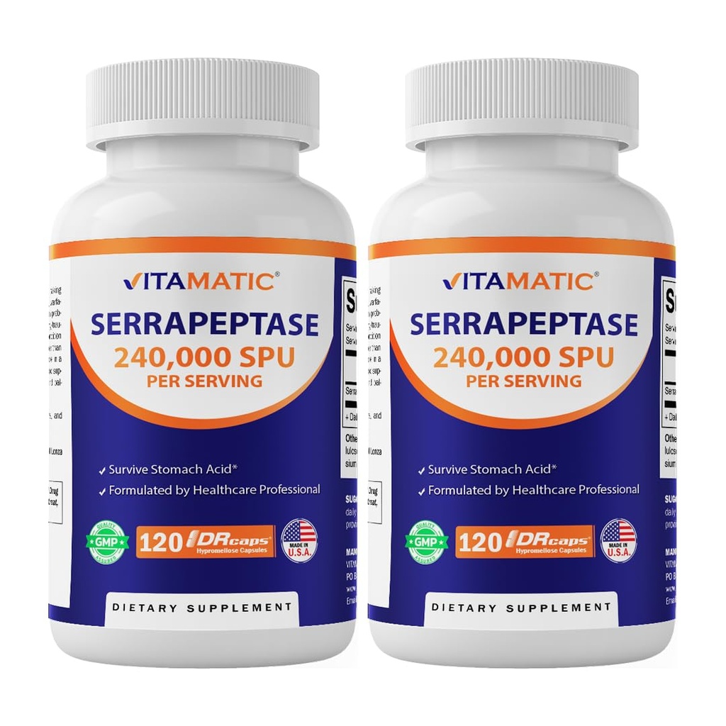 Vitamatic Serrapeptase 240.000 SPU-servers, 120 Uitgegeven capsules - Enteric Coated - Non-GMO- Made in The USA (120 Count (Pack of 2))