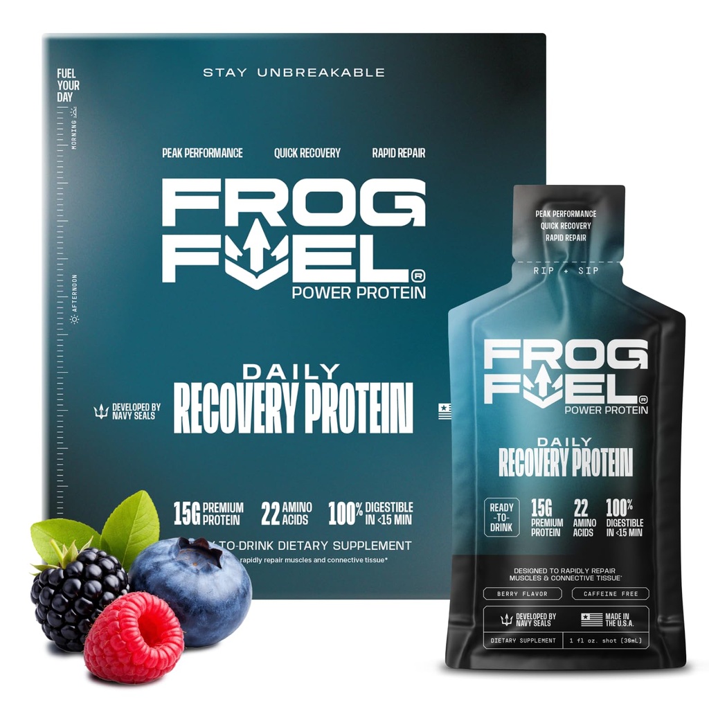Frog Fuel Power Regular Protein Shot, 15g Proteïne Nano-Hydrolyzed Gras Fed Collageen, Post workout, Glutenvrij, Vet & Sugar Free, 22 Aminozuren, 0 Carbs, Berry, 1 oz Packets, 24 Pack