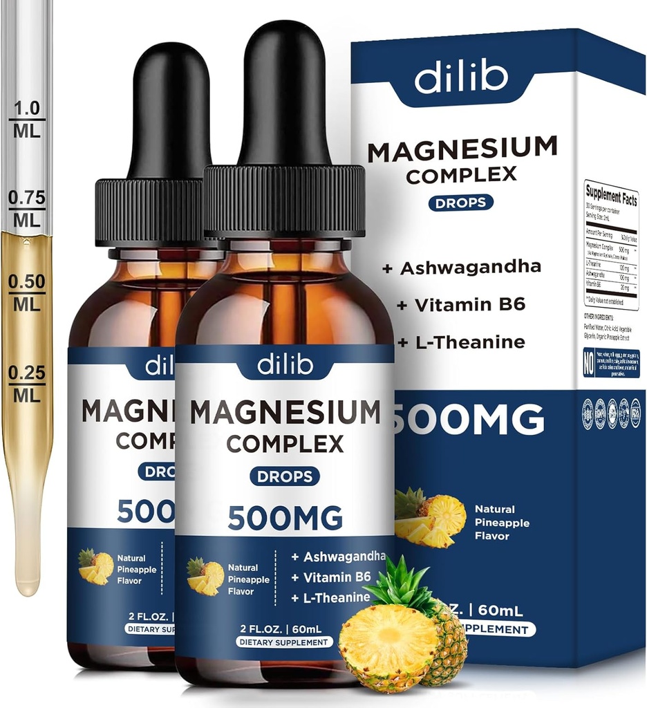 Magnesium Glycinate Liquid Drops 500mg - Triple Magnesium Complex Supplement met Citrate, Malate, Ashwagandha, L-Theanine, Vitamine B6 voor Slaap, Stress Relief, Spier, Ananas smaak 4 Fl Oz