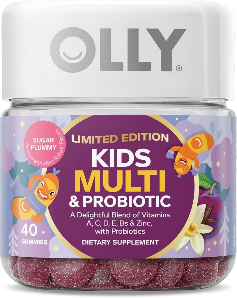 OLLY Kids Multivitamine & Probiotica, Limited Edition, Digestieve Ondersteuning, Vitaminen A, D, C, E, B, Zink, Kauwbare Supplement, Suiker Plummy - 40ct
