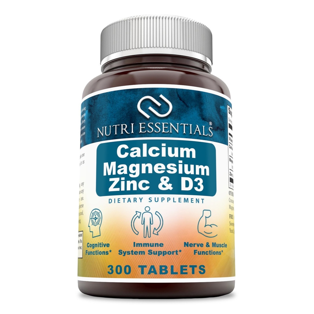 Calcium Magnesium Zink + Vitamine D3 Tabletten- Promoot sterke botten en tanden, ondersteuning zenuw- en spierfunctie* (300 aantal)