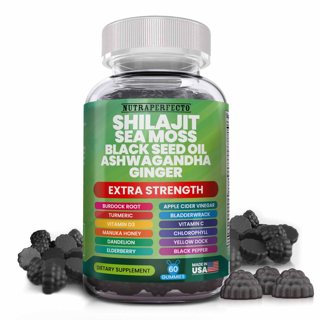 Shilajit Gummies met Ierse Zee Mos Black Seed Oil Ashwagandha Ginger Vlierbessen Vitamine D3 Chlorofyl Turmeric Bladderwrack Advanced Strength Formula Resin Shilajit voor mannen & vrouwen