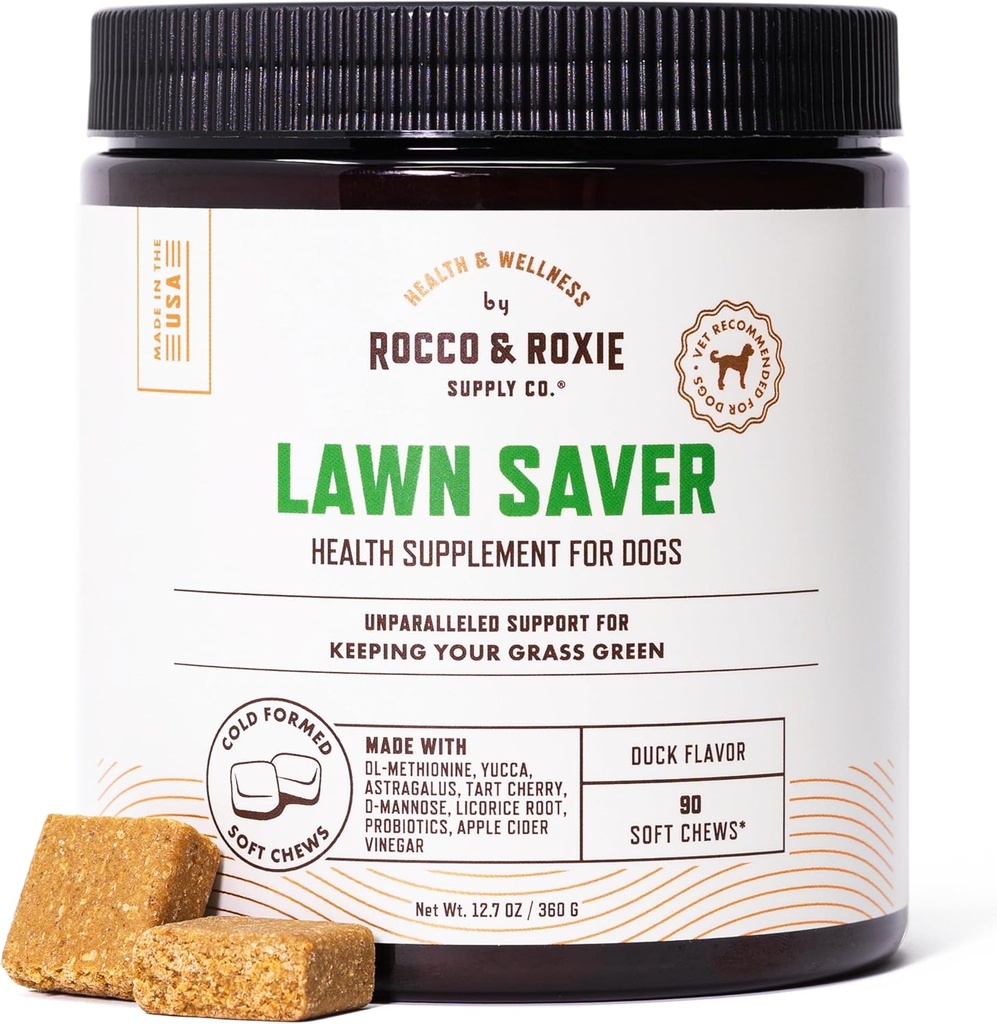 Rocco & Roxie Dog Urine Neutralizer for Lawn, Green Grass Savers for Dog Urine Pee Spots, UTI Health & Bladder Control Supplement with D-Mannose, Apple Cider Vinegar & DL-Methionine, 90ct Soft Chews