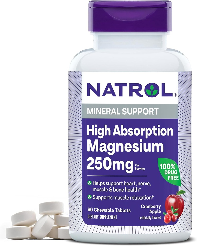 Natrol Hoge Absorptie Magnesium 250 mg, Dieetsupplement ter ondersteuning van hart, zenuw, spier en bot gezondheid, 60 Cranberry appel-gearomatiseerde kauwtabletten, 30 dagen levering