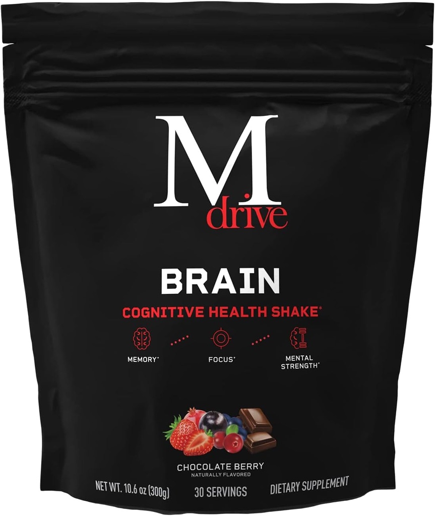 Mdrive Brain for Men, Nootropic and Cognitive Health Shake for Memory Preservation, Alertness, Calmness, Mental Focus, Cognitive Ability, Brain Function, Chocolate Berry Flavor, 30 Servings, 10.6oz