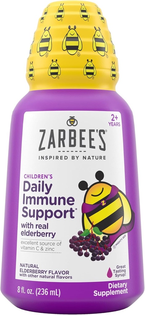 Zarbee's Elderberry Syrup for Kids, Daily Immune Support with Vitamin C & Zinc, Childrens Liquid Supplement, Natural Berry Flavor, 8 fl oz