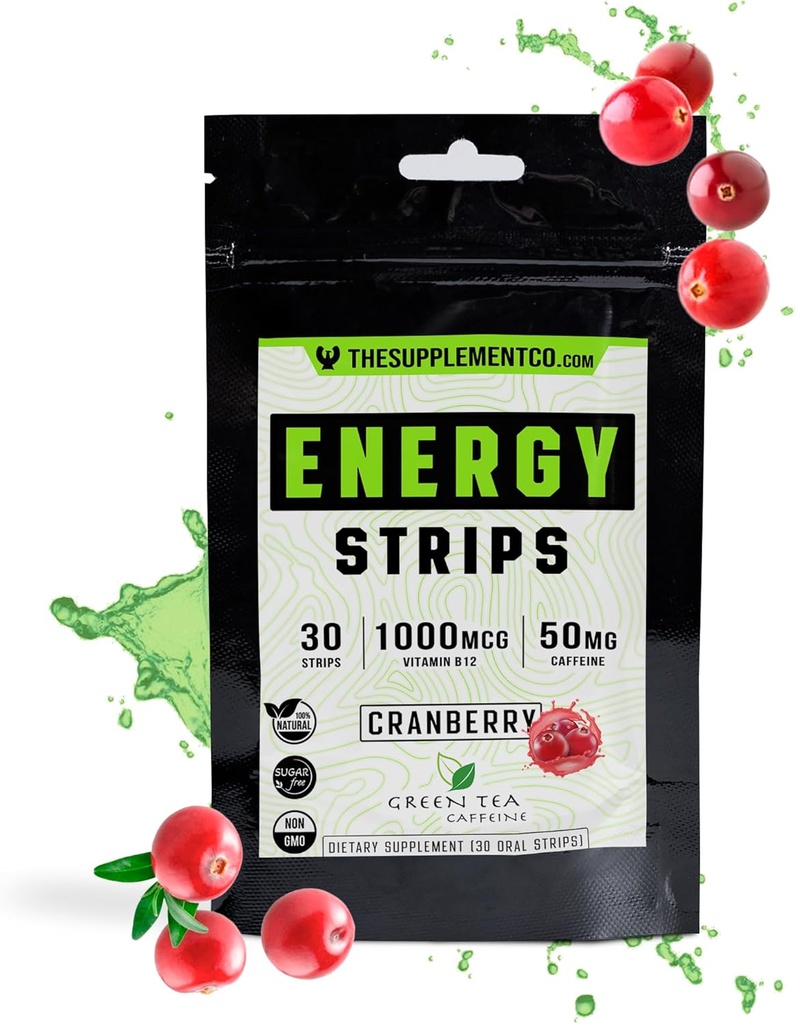 Energie Strips - 50 Mg Caffiene - Snelle absorptie 100% Alle Natuurlijke Formule - Cranberry Flavor - 30 Strips -