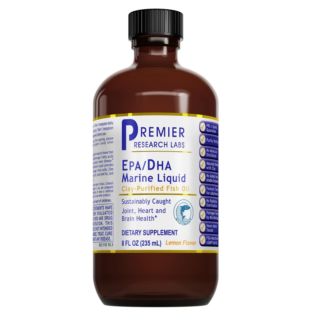 Premier Research Labs EPA/DHA Marine Liquid - Omega 3 Fish Oil Liquid, Omega 3 Liquid Fish Oil Supplement for Adults, Joint, Heart, & Brain Health Support - 8 Fl Oz Fles
