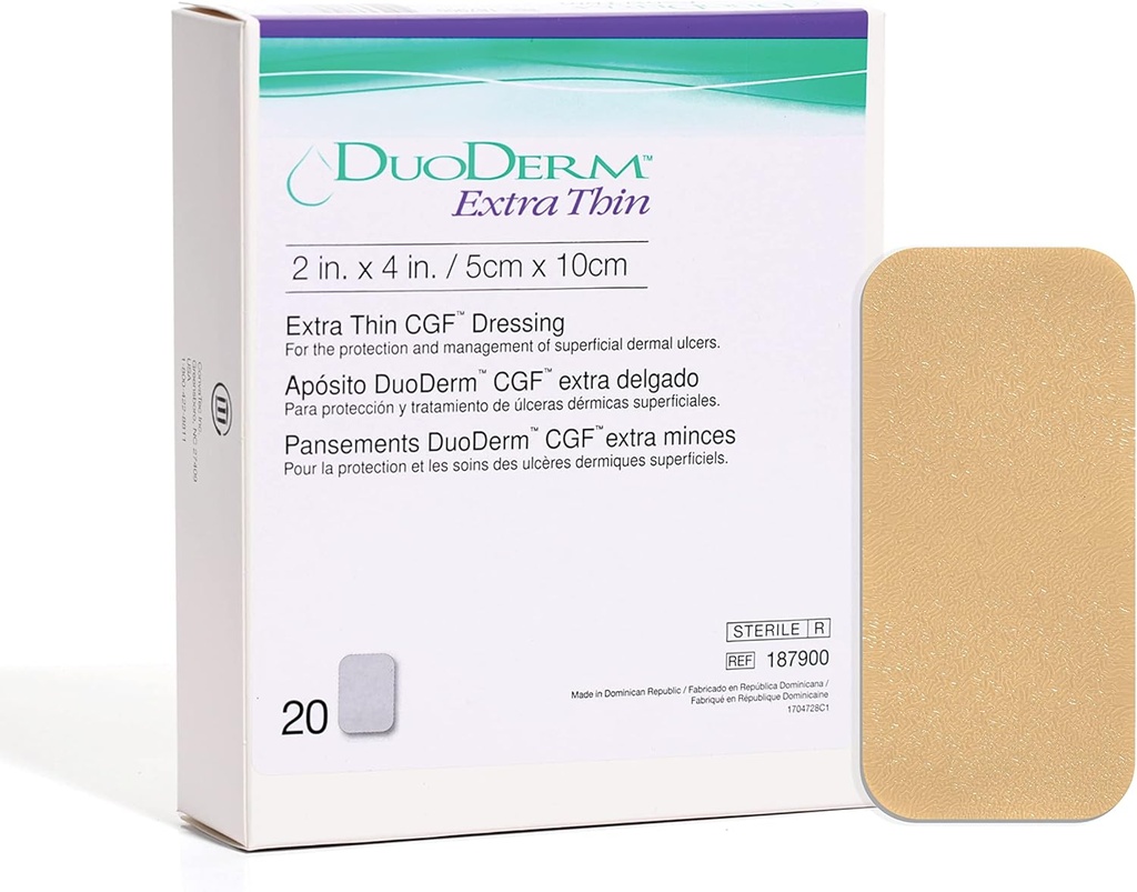 ConvaTec DuoDERM Extra Thin Control Gel Formula 2"x4" Hydrocolloïde Steriele hechting Dressing voor Oppervlakke Wonden, Lage Frictie, Flexibile, Latex-Free, Waterdicht, Rechthoek, Beige, 20ct Box