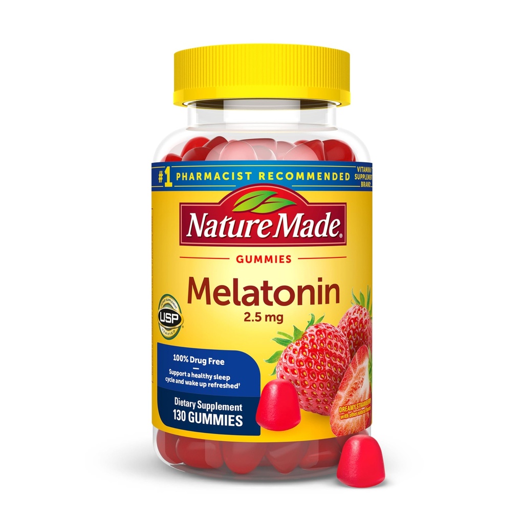 Nature Made Melatonine Gummies 2.5 mg, 100% Drug Gratis Slaaphulp voor volwassenen, Melatonine Supplement 130 Tellen, 130 Dagen Levering