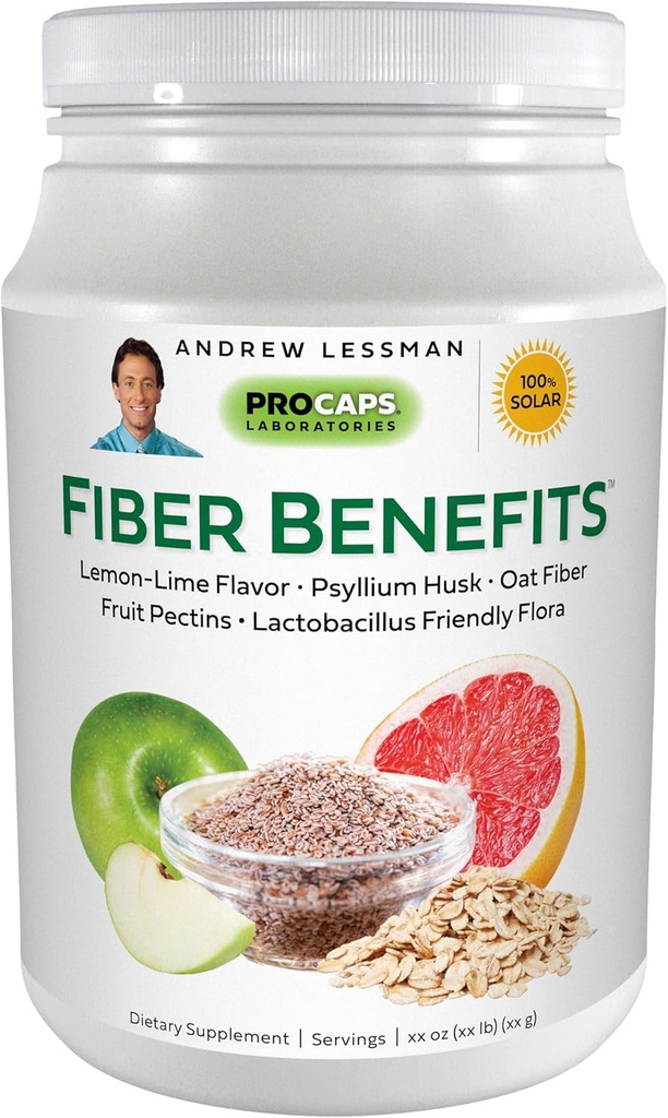 ANDREW LESSMAN Fiber Voordelen Poeder 60 Servers - Lemon-Lime, Voorzichtig, Natuurlijke Oplosbare/Onoplosbare Vezel, Bevordert Regularity, Reiniging. Psyllium Husk, haver, appel, grapefruit, Guar Gum, probiotica