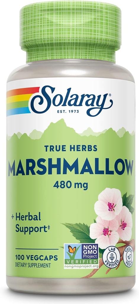 SOLARAY Marshmallow Root Capsules 480 mg - Soothing Herbal Support w/Whole Marshmallow Root - High in Mucilage Soluble Fiber, Vegan, Non-GMO, Lab Verified, 60-Day Guarantee, 100 Servings, 100 VegCaps