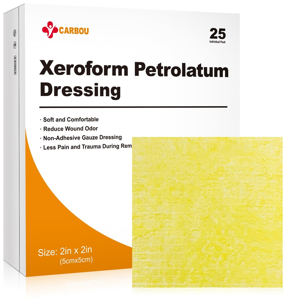 Carbou Medical Xeroform Petrolatum Dressing 2"x2," 25 Individual Pack, Non-Adherent Gauze Pads, Soft Fine Mesh Gauze Patch voor Wound Care, Burns, Lacerations, Huidrafts & Chirurgische incisies
