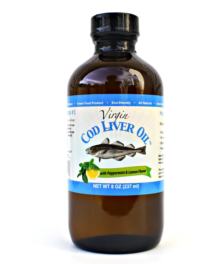 Virgin Cod Leverolie - 8 Fl oz Natuurlijke, duurzaam gewonnen, Wild Caught & Fresh Proeverij. Hoog in vitamine D, Omega 3 DHA/EPA (citroen en pepermunt smaak)