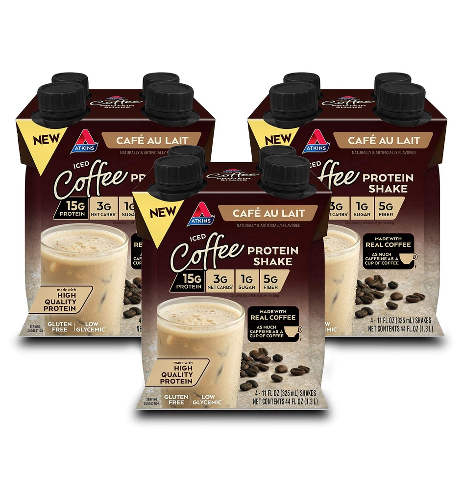 Atkins Café au Lait Iced Coffee Flavored Proteine Shake, High Protein Shake, Lage Suiker, Lage Carb en Lage Suiker, Keto Vriendelijk, Glutenvrij, 12 Tellen