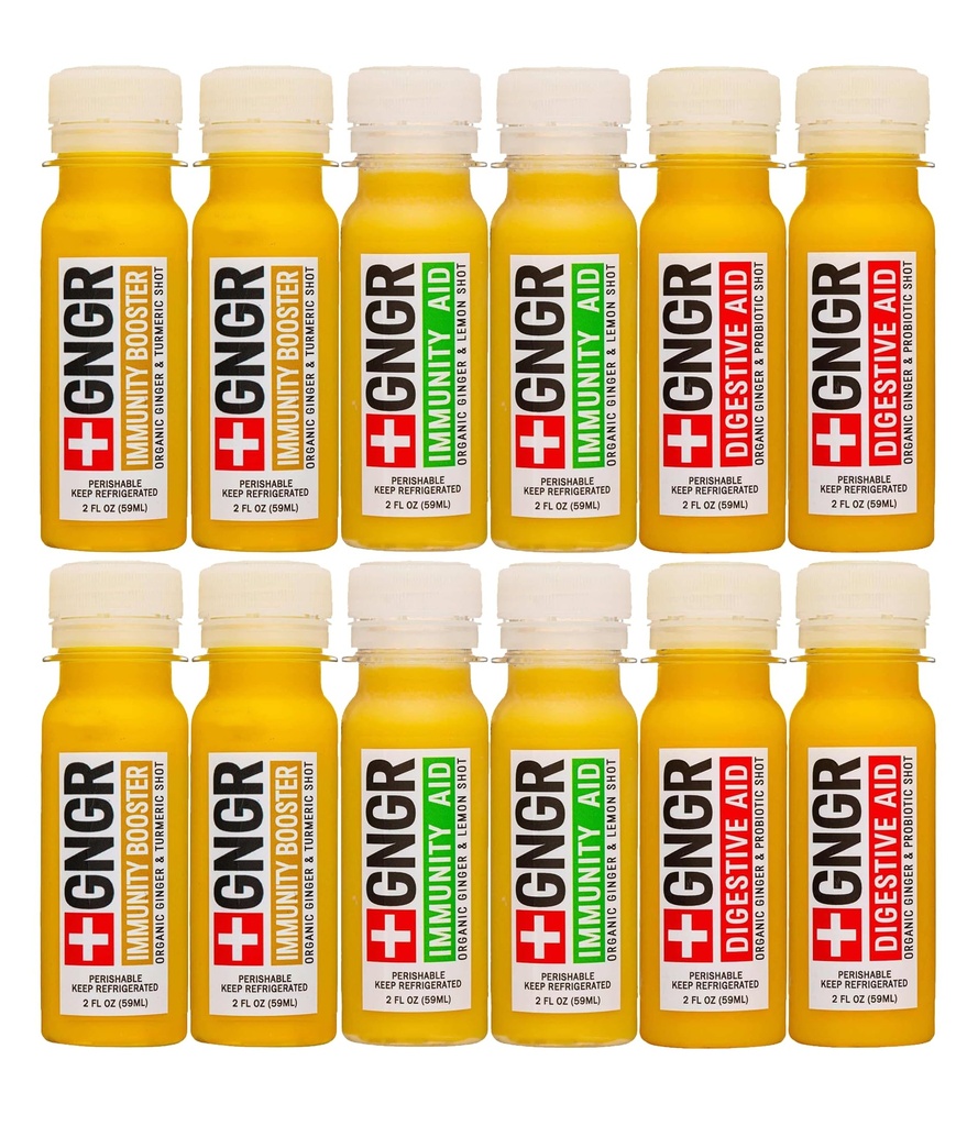 +GNGR Immunity Sampler Biologische Gember Wellness Shots - Premium Gember Shots voor alle natuurlijke spijsverteringsondersteuning en Immune Support, Digestieve Hulp, Gut Cleanse en Detox 2 fl oz (pakket van 12)