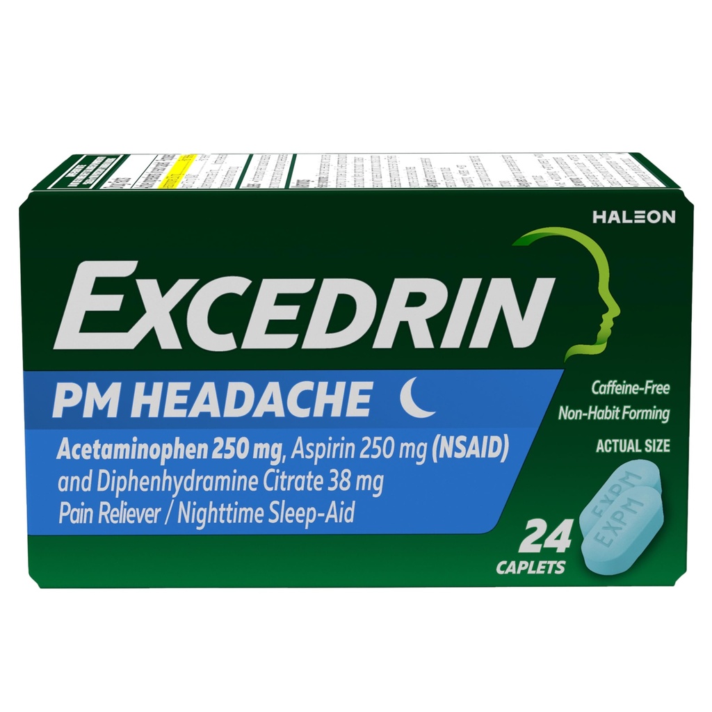 Excedrin PM voor Hoofdpijn Relief, Acetaminophen 250mg, Aspirine 250mg, Difenhydramine Citrate 38mg, Pain Reliever, Nighttime Sleep-Aid, 24 Tellen