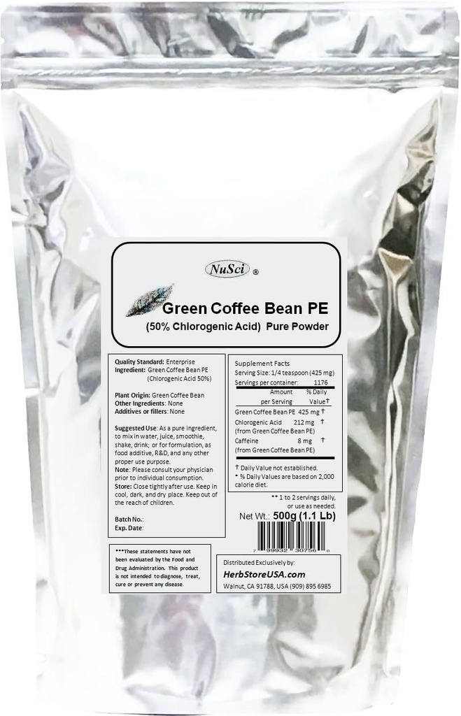 Green Coffee Bean Extract Powder, gestandaardiseerd 50% Chlorogeen zuur (500 Gram 1,1 lb))