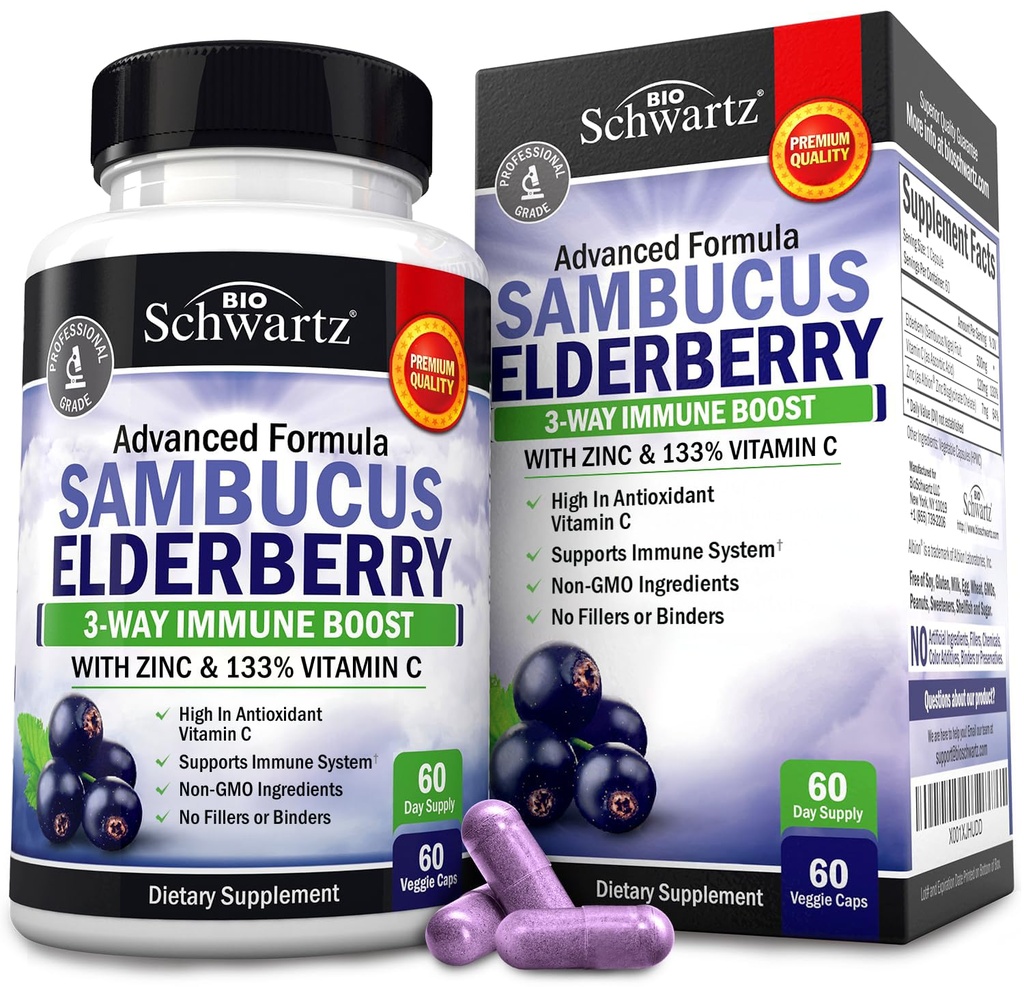 Vlierbessen Capsules met zink en vitamine C voor volwassenen - Immuun Ondersteuning Vitaminen voor vrouwen en mannen - Zwarte Sambucus Vlierbessen Vitamine C en Zink - Immuun verdediging Multiminerals Supplement, 60 Tellen
