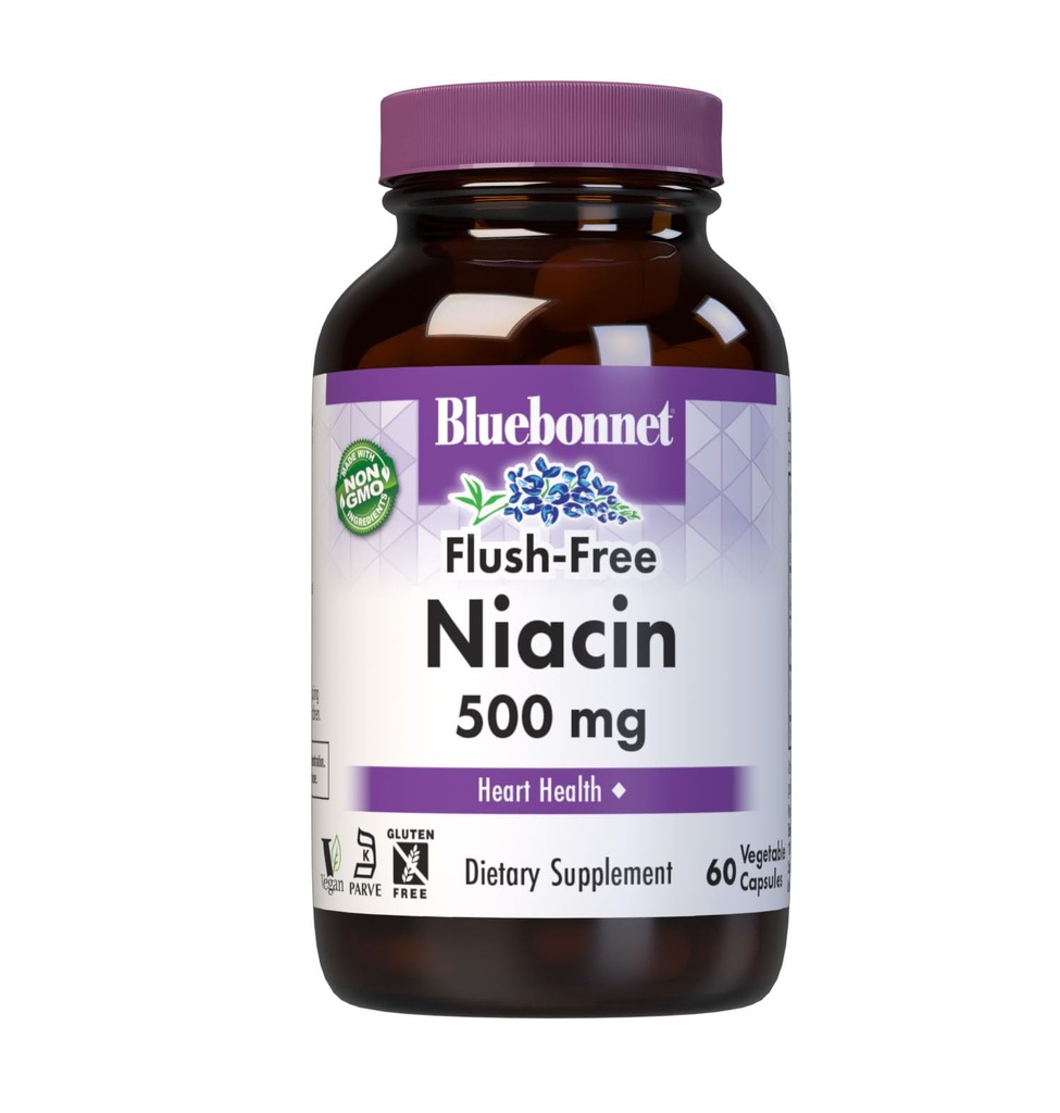 Bluebonnet Nutrition Flush-Free Niacin 500mg, voor voedings-cardiovasculaire ondersteuning*, Soy-Free, Gluten-Free, Non-GMO, Kosher Gecertificeerd, Dairy-Free, Vegan, 60 plantaardige capsules, 60 porties