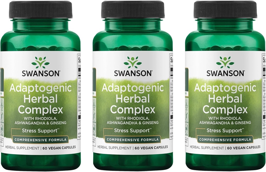 Swanson Rhodiola Ashwagandha Ginseng Complex Mood Energy Immune Functie Zenuwstelsel Stress Ondersteuning Adaptogen Herb Supplement 60 Capsules (3 Pack)
