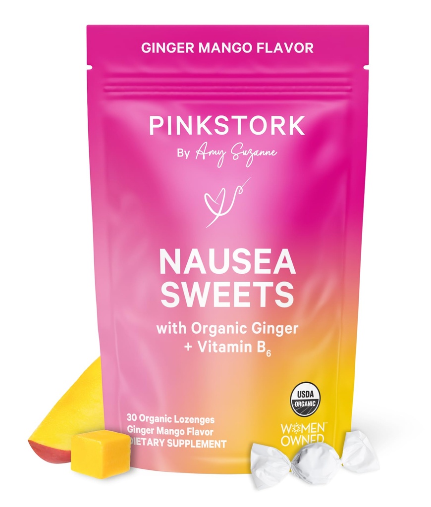 Roze Ooievaars Biologische Mango snoepjes met vitamine B6 voor ochtendziekte en bewegingsziekte, toegevoegd gember & vitamine B6, 1e Trimester zwangerschap moet hebben - 30 verpakte snoepjes