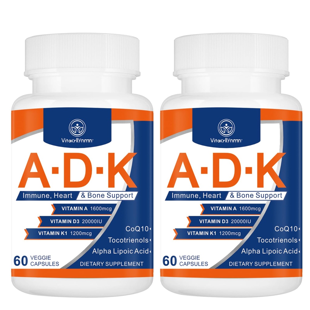 ADK Vitamine Supplement 20000 IE - Hoge Potentie Vitaminen A, D3 en K1 voor Hart, Bot Gezondheid en Immuun Ondersteuning Vitamine ADK 120 Capsules