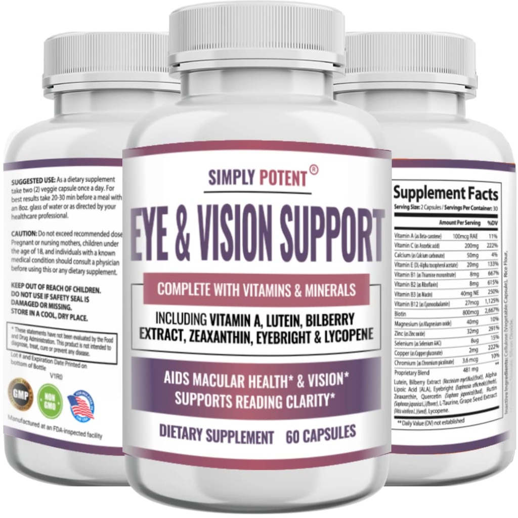 Luteïne- en zeaxanthine-ooggezondheidssupplementen voor volwassenen, Natural Eye & Vision Formula w/vitamin A, luteïne, zeaxanthine, bosbesextract, Eyebright & Lycopeen voor Retina & Lens 60 caps
