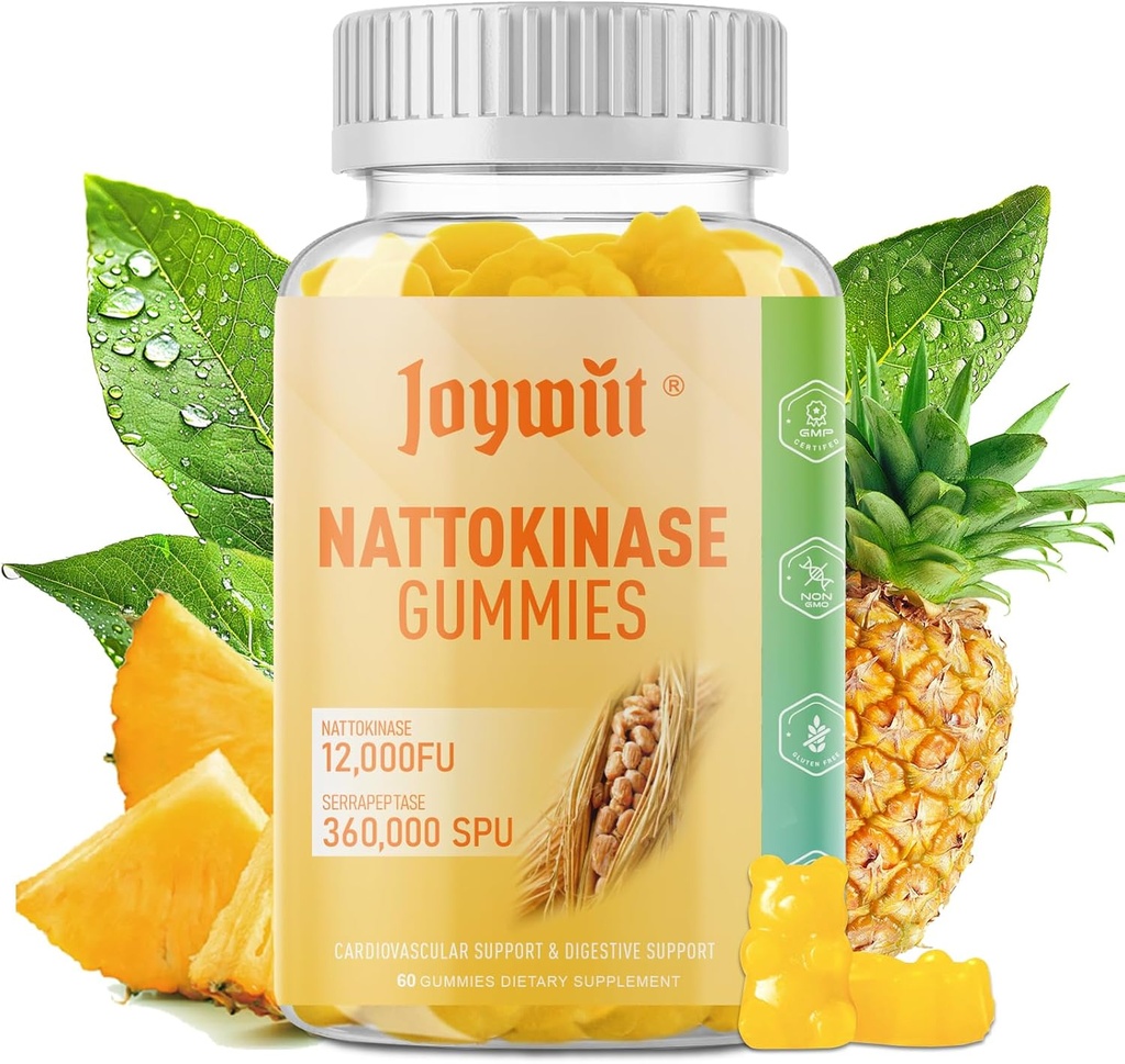 Nattokinase Gummies 12.000 FU, Serrapeptase Gummies 360.000 SPU Enzyme Supplement met Bromelain Papain & Inulin voor Circulatory, Gut, Digestie Support, Vegan, Niet GGO, 60 Tellingen