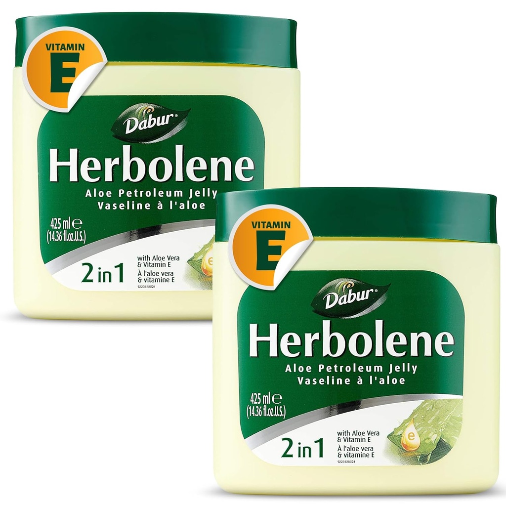 Dabur Herbolene Aloë Vera Gel Petroleum Jelly -Versterkt met vitamine E voor diepe en intensieve huid moisturisatie - Zacht op gevoelige huid - voedende gelukzaligheid en langdurige hydratatie - 425 ML (pakket van 2)