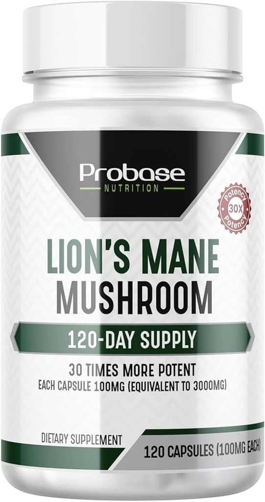 Probase Nutrition Lions Mane Supplement Capsules 30x Potency Extract Mushroom Supplement 4 maand Supply 120 Tellen