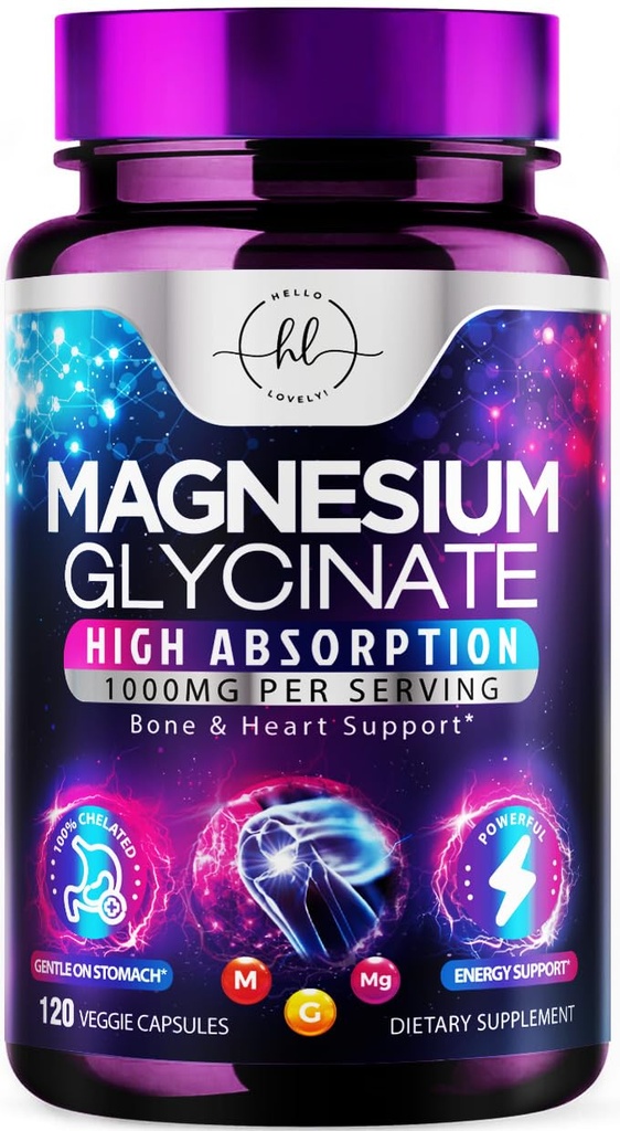 Magnesium Glycinate 1000mg - Hoge absorptie en gecheleerd ter ondersteuning van bot, spier, zenuwen en hartgezondheid - Natuurlijke slaap- en stressondersteuning vrouwen en mannen - Veganistisch, glutenvrij en sojavrij, niet-GMO - 120 capsules