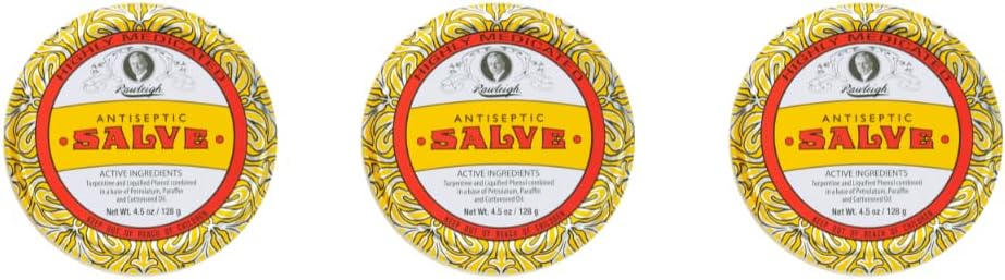 Rawleigh Antiseptic Salve Iconic Yellow Big Tin: 4.5 oz, Multi-Purpose Ointment Soothes Cuts, Bruises, Irritations, with Turpentine, Phenol, Cottonseed Oil & Paraffin, Original Formula - Pack of 3
