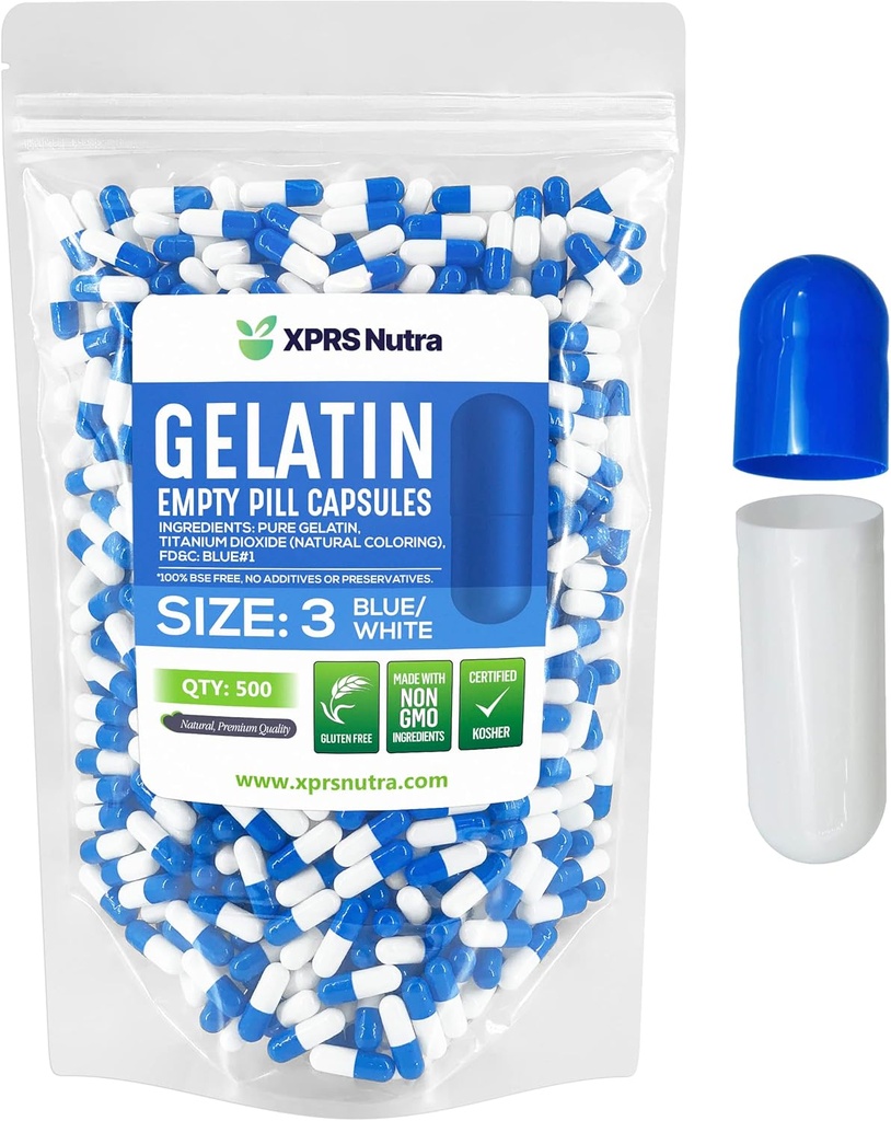 XPRS Nutra Formaat 3 Lege Capsules - 500 Telle Lege Gelatine Capsules - Pillen DIY Capsule Vulling - Pure Bovine Pill Gel Caps Vulbaar voor Do-It-Yourself Vitaminen en Supplementen (Blauw/Wit)