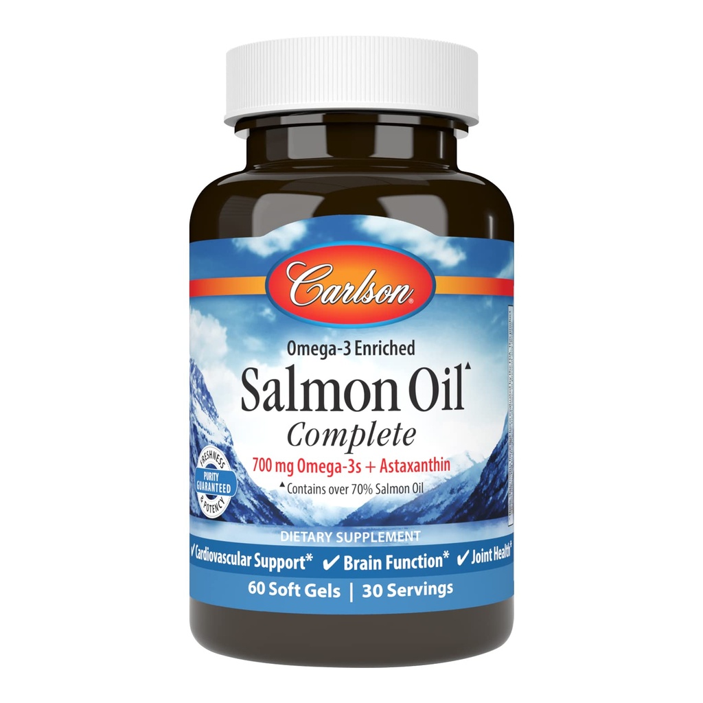 Carlson - Salmon Oil Complete, 700 mg Omega-3s + Astaxanthine, Cardiovasculaire Ondersteuning, Hersenfunctie & Joint Health, 60 Softgels